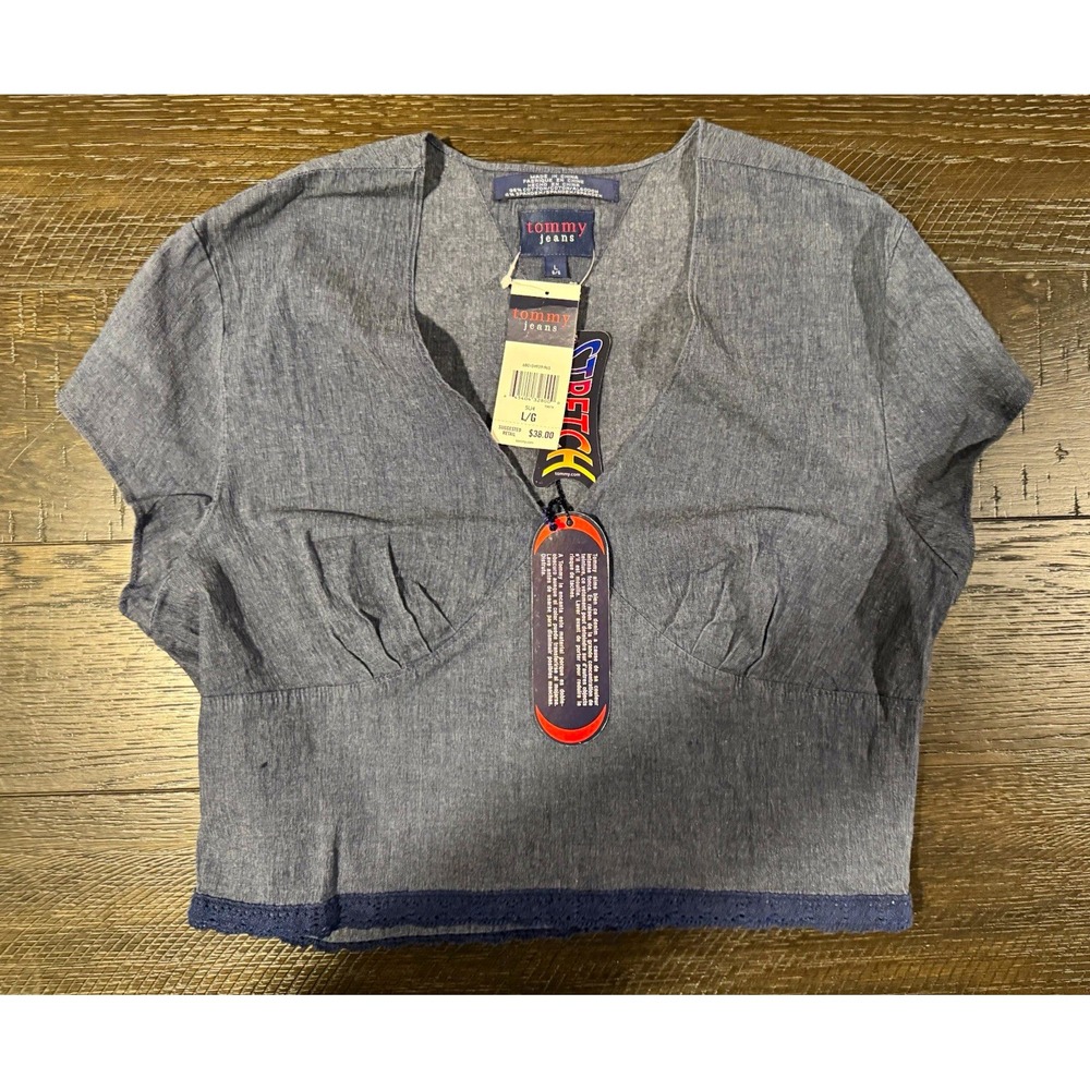 Tommy Jeans Womens Blouse L Blue Chambray V-Neck Lace Cap Sleeve Pullover